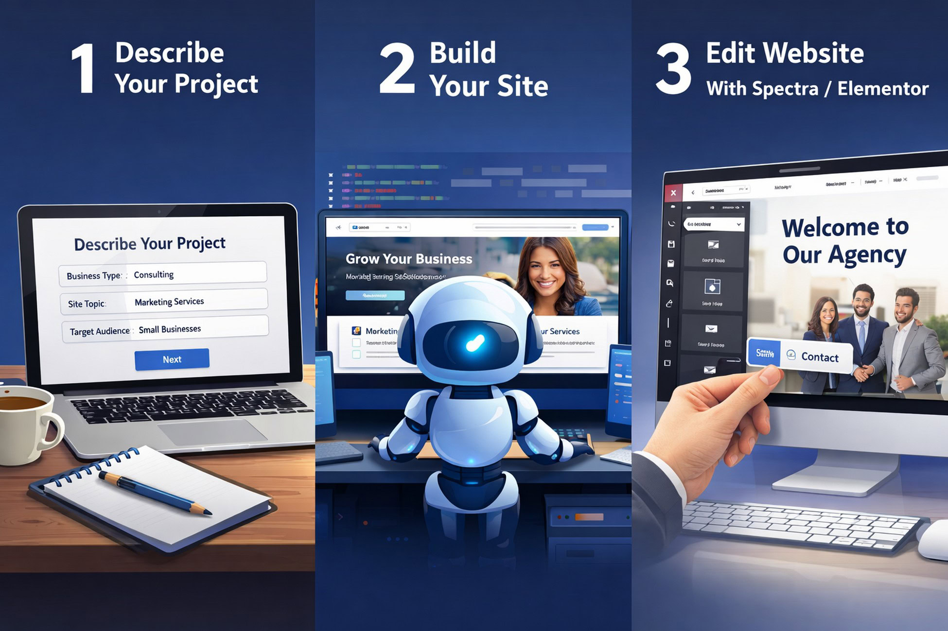 3 stages of zipwp ai website creation and editing
